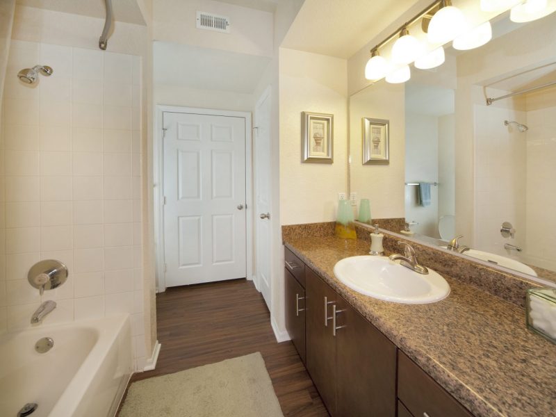 This image shows the premium apartment feature, specifically the bathroom area showing a high-ceilinged space, high-quality tile, and an expansive aisle for an admirable bathroom scale.