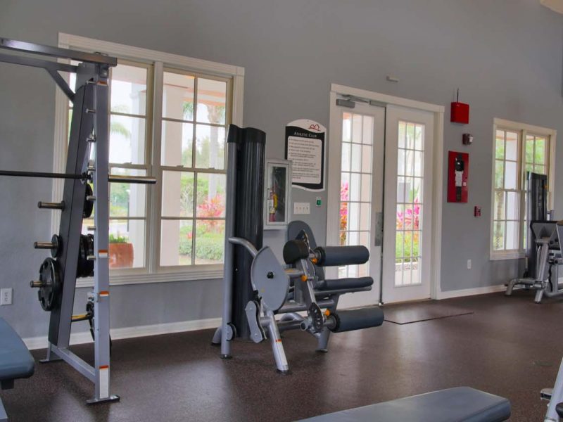 This image showcases the commercial fitness with State-of-the-art athletic club with equipment that is essential for community amenities and offering some chest strength machines.