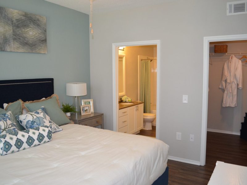 This image shows the Premium Apartment Feature that displays the Master's bedroom with a touch of modern pastel colors that will lead you in the bathroom and walk-in-closet.